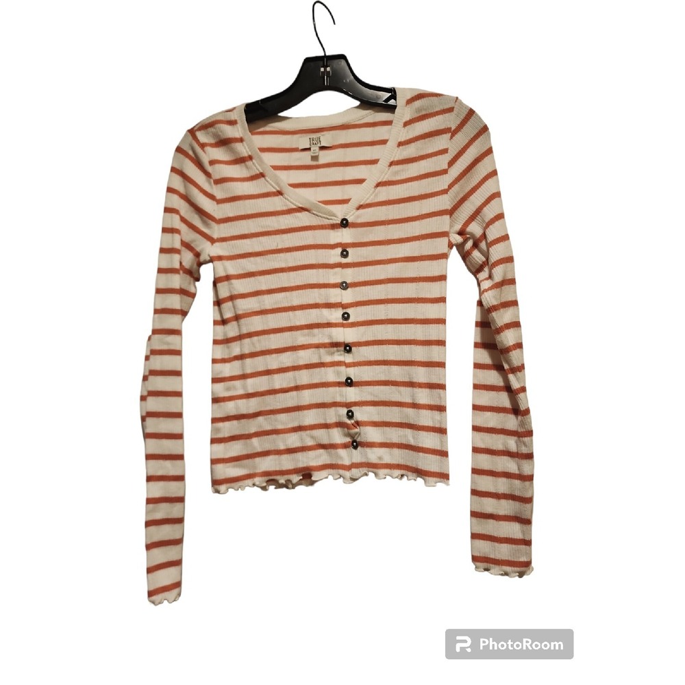 True Craft Button-Up Top Ribbed Knit Long Sleeve Striped XS